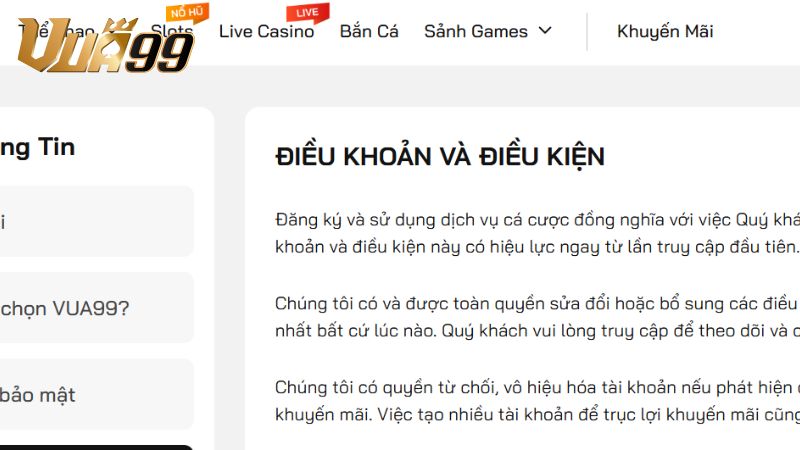 Nhìn tổng quan về các điều khoản sử dụng tại Vua99